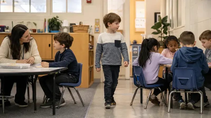 Autistic child practicing learned skills in a small-group school readiness setting with individualized support nearby.