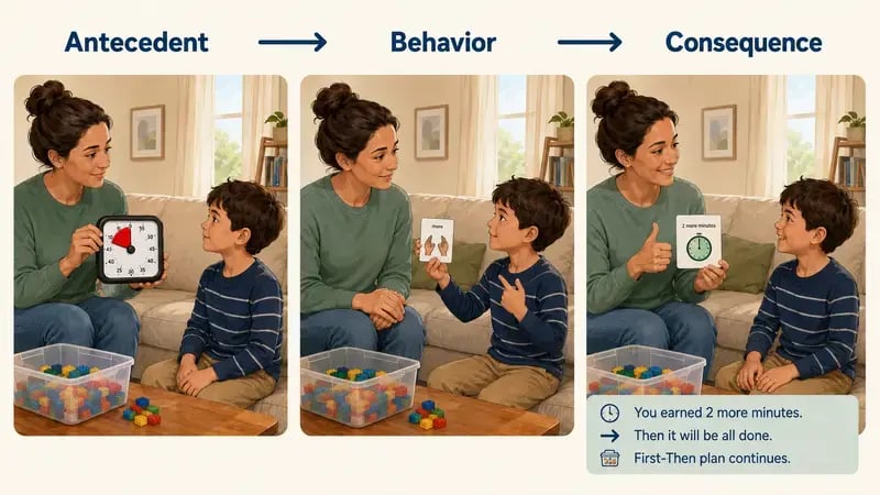 ABC model showing a parent giving a transition warning, a child requesting more time, and the parent granting two additional minutes as the consequence.