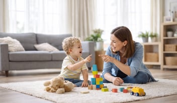 Parent and toddler playing with blocks, sharing eye contact and pointing during play.