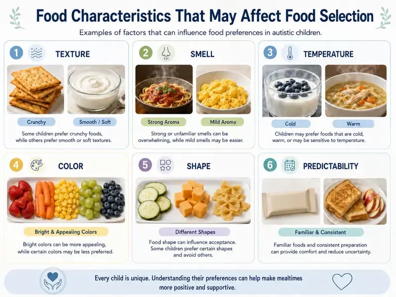 food characteristics that may influence food selectivity, including texture, smell, temperature, color, shape, and predictability