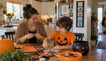 A child in a pumpkin T-shirt and a caregiver prepare a treat bag beside headphones and a picture schedule.