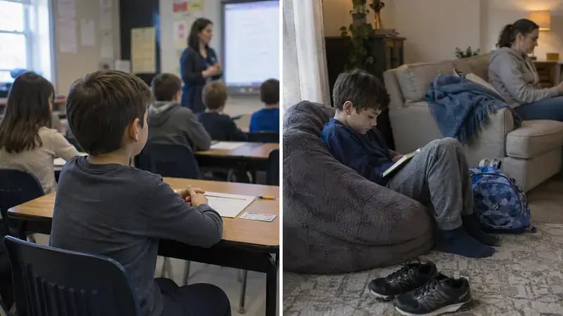 Side-by-side editorial image of the same autistic child appearing composed in class while facing the front with classmates, then quietly decompressing at home after school with backpack and shoes nearby.