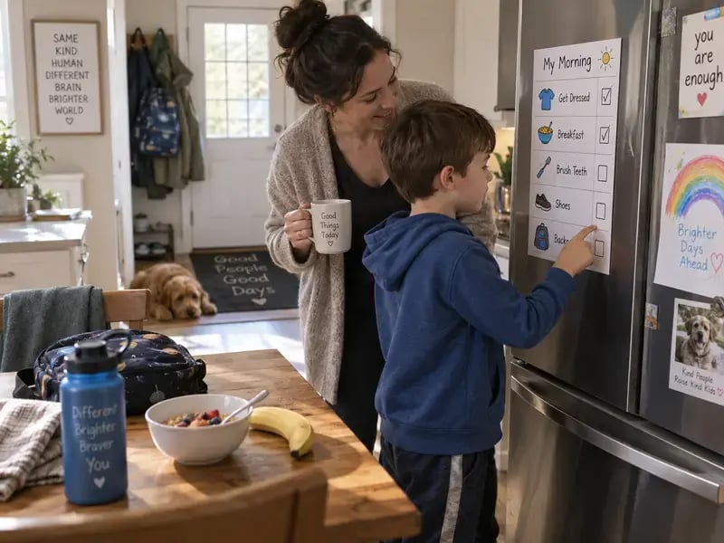 Parent and autistic child checking a visual morning routine before leaving for school.
