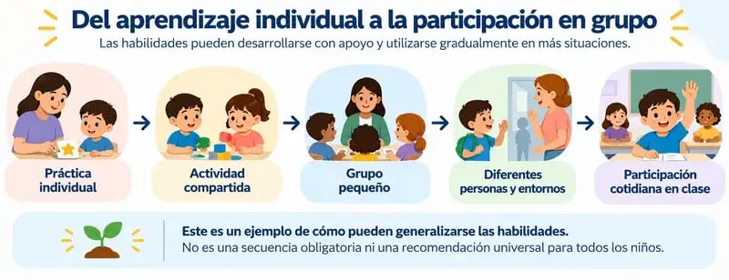 Diagrama de cinco etapas: práctica individual, actividad compartida, grupo pequeño, diferentes personas y entornos, y participación en clase. Ilustra cómo pueden generalizarse las habilidades sin seguir una secuencia obligatoria.