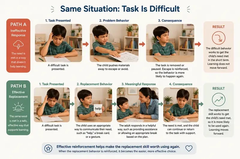 Infographic comparing two responses to a difficult task: one path shows a child pushing work away and escaping the task, while the other shows the child requesting help and receiving support to continue learning.