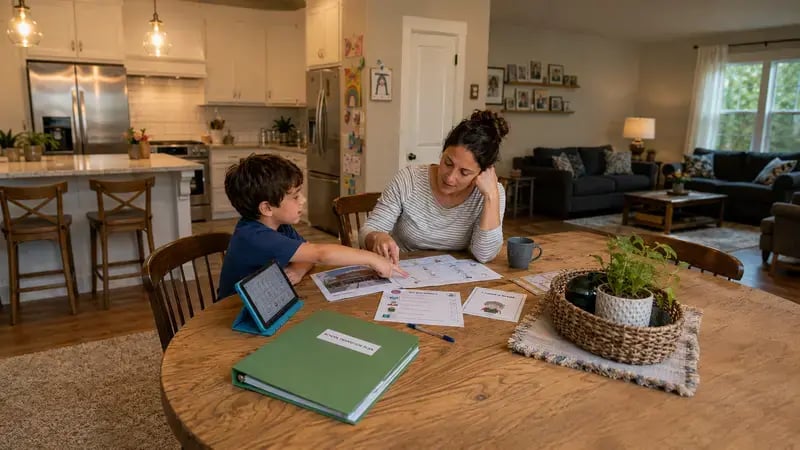 family reviewing a visual school-transition plan with campus photos and a weekly schedule