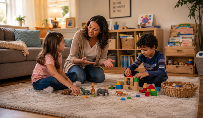 parent instructing child in parallel-play with autistic sibling