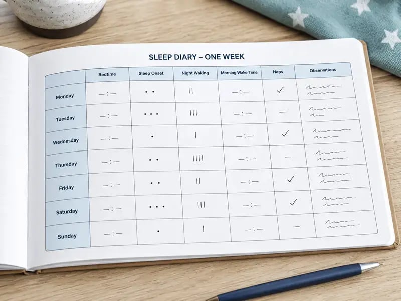 Simple sleep diary tracking bedtime, night waking, morning wake time, naps, and daily observations.