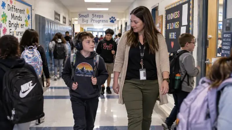 Autistic student moving through a busy school hallway with supportive staff nearby.