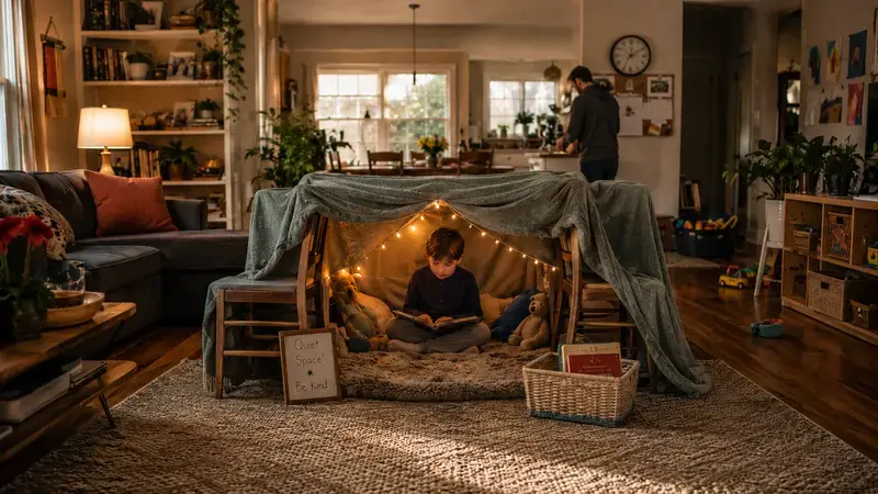 Autistic child reading inside a homemade blanket-fort quiet nook created as a supportive environmental modification.