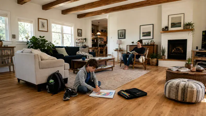 Autistic elementary-age child decompressing quietly at home after school while a nearby parent gives them space