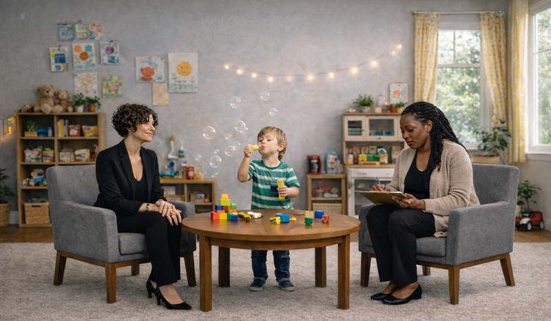 Parent and child meeting with a clinician in a calm, play-based autism evaluation setting