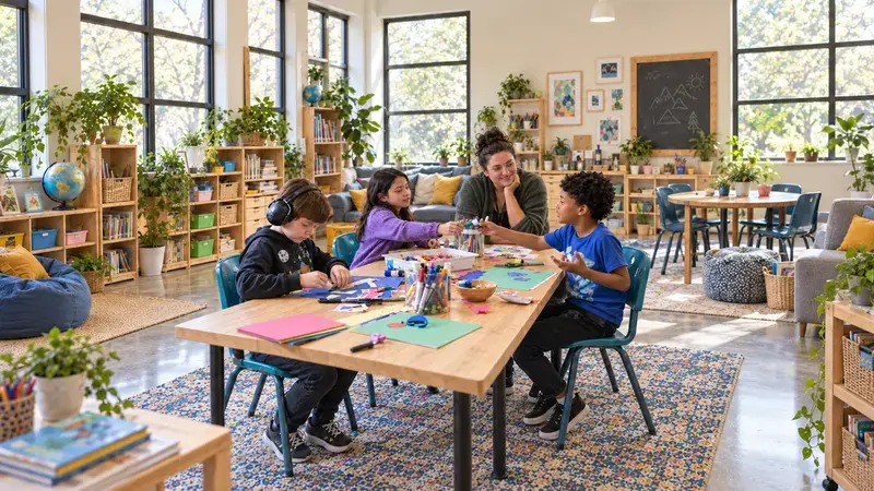 Autistic school-age child and peers working together on a creative group activity in a relaxed community setting.