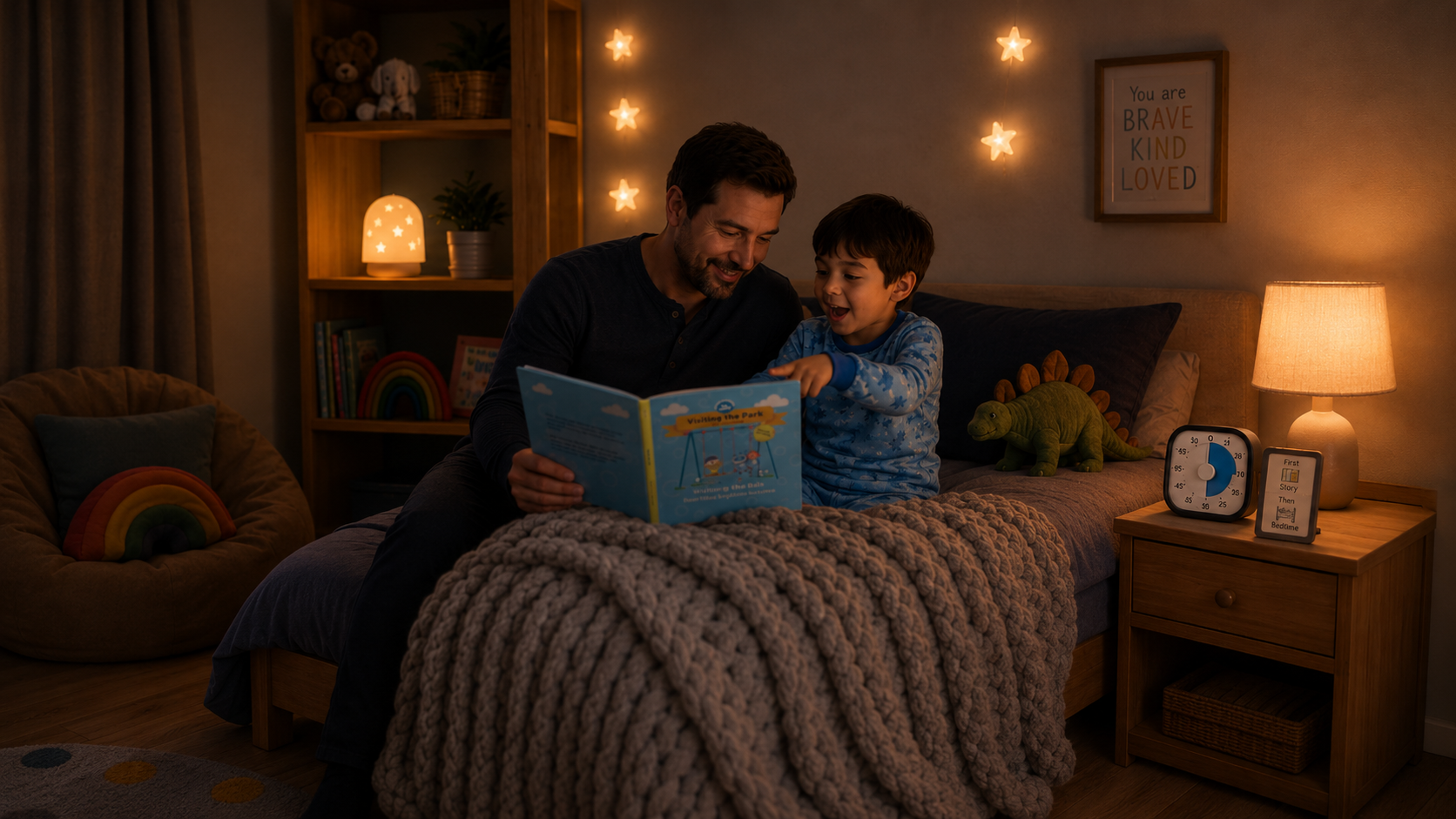 A father reading a bedtime story to his autistic child in a dimly lit, calming bedroom setting with a visual timer on the nightstand.