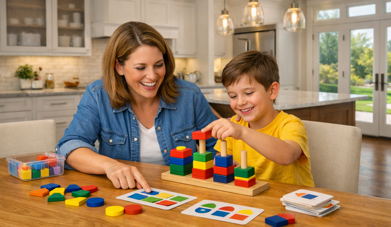 Parent and autistic child using visual supports, structured play, and calm routines together