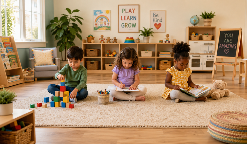 Three children engaging happily in parallel play on a colorful rug.