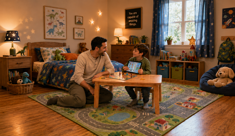 child pointing to a picture on a digital AAC tablet during play